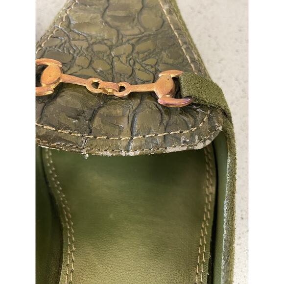 PIERRE DUMAS Kitten Heel Mule Croc Embossed Suede Deep Green Gold Buckle Sz. 11M - Picture 15 of 15